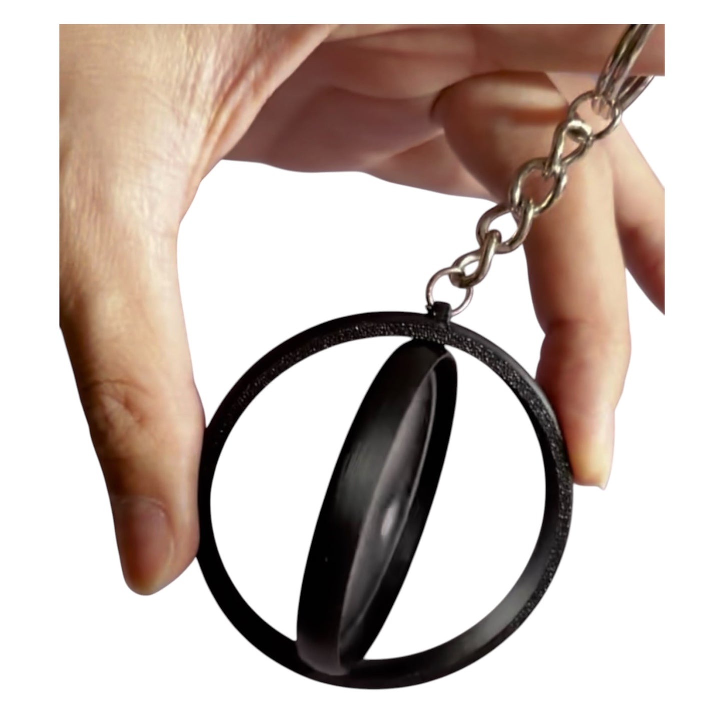 2.25-inch rotating button keychain blank for standard flat back buttons, double-sided spinner keychain available in six colors for custom button designs.