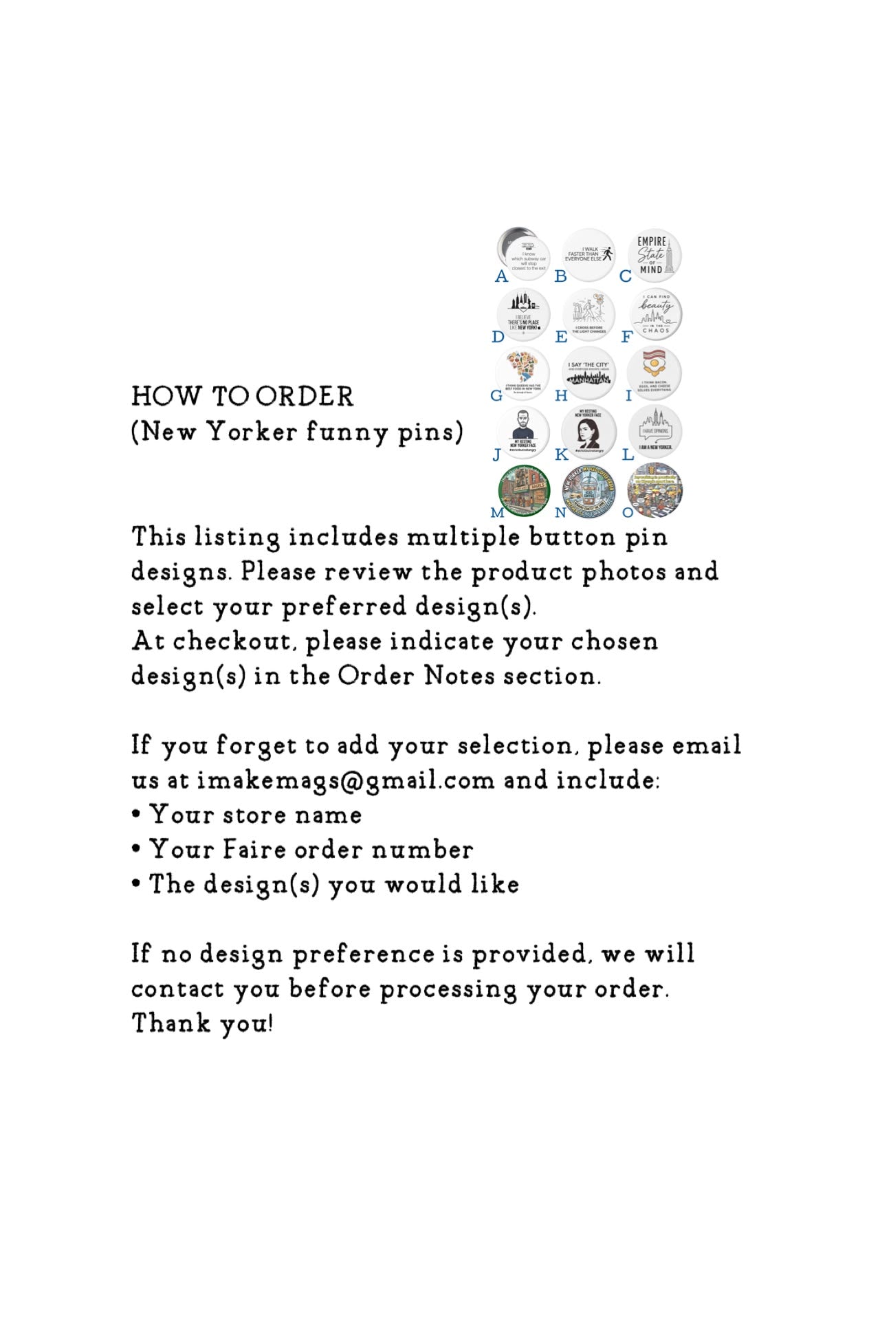 Collection of funny New Yorker statement pins featuring NYC sayings and New York themed designs for tote bags, jackets, and backpacks.