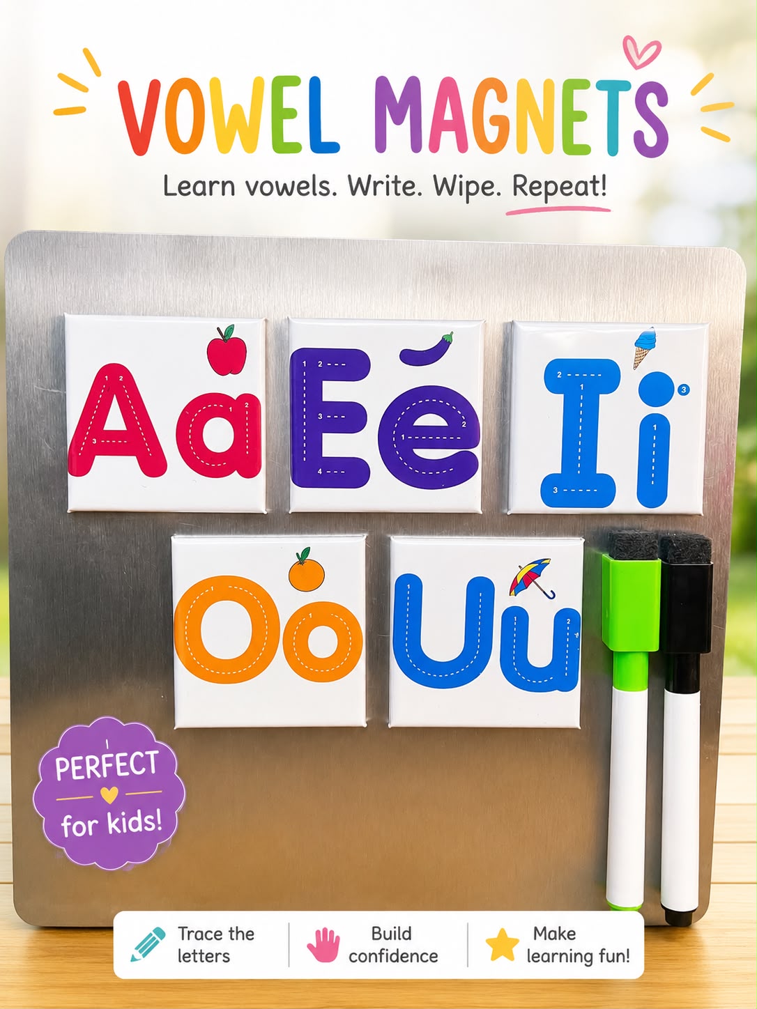 Reusable vowel tracing magnets with dry-erase markers and cotton storage pouch for preschool, kindergarten, homeschool, and early literacy learning.