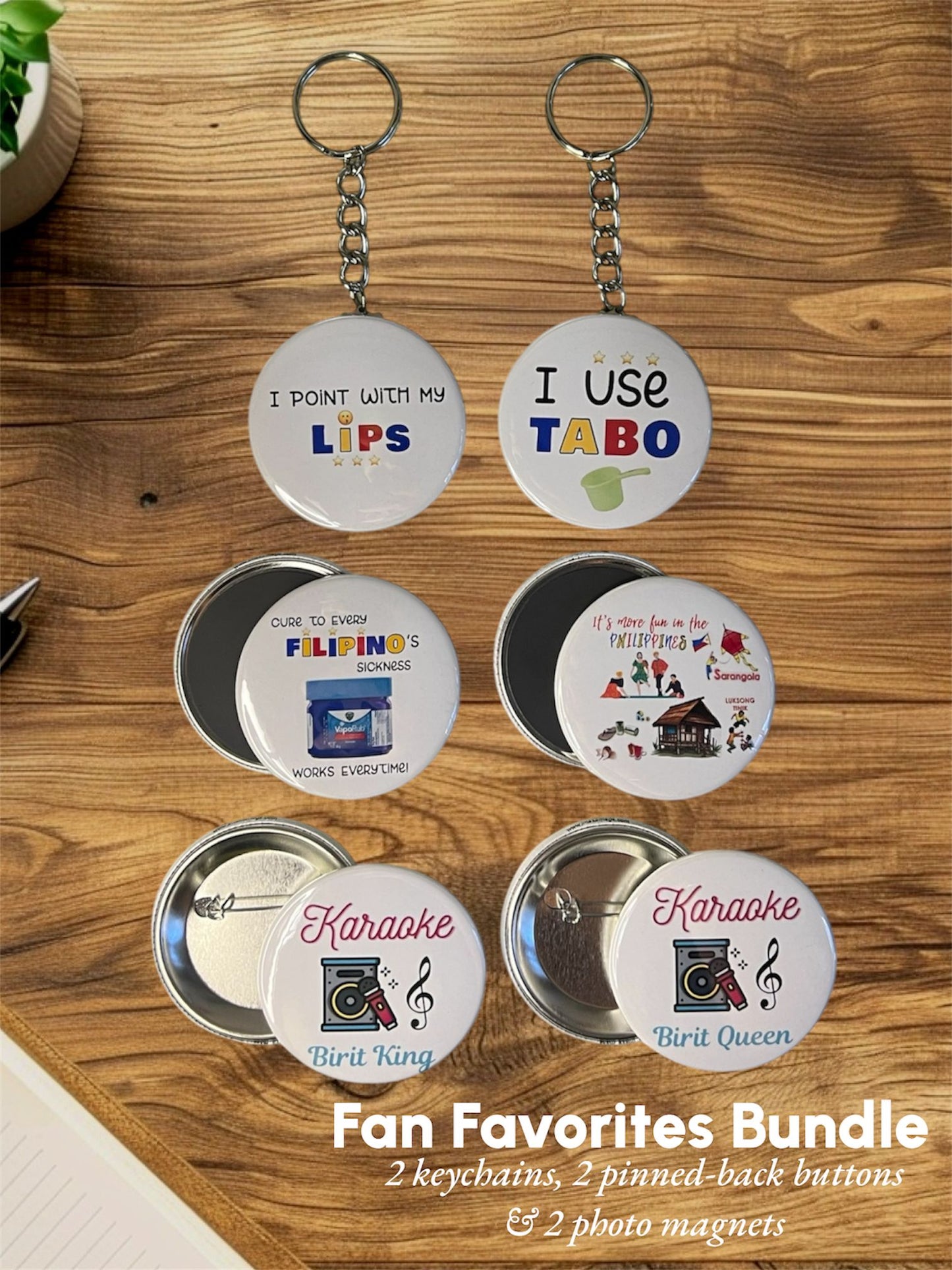 Fan Favorites Bundle – Filipino humor keychains, pins, and photo magnets set