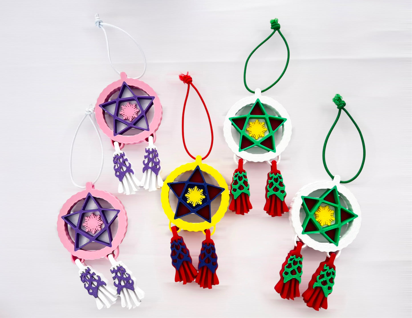 Mini Filipino Parol ornament in Sunshine Yellow featuring yellow, blue, and red colors, 3D printed Filipino Christmas tree decoration.