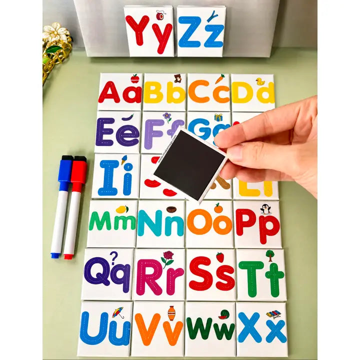 Reusable alphabet tracing magnet set with 26 dry-erase letter magnets, markers, and cotton storage bag for preschool, kindergarten, and homeschool learning.