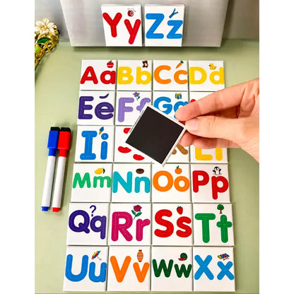 Reusable alphabet tracing magnet set with 26 dry-erase letter magnets, markers, and cotton storage bag for preschool, kindergarten, and homeschool learning.