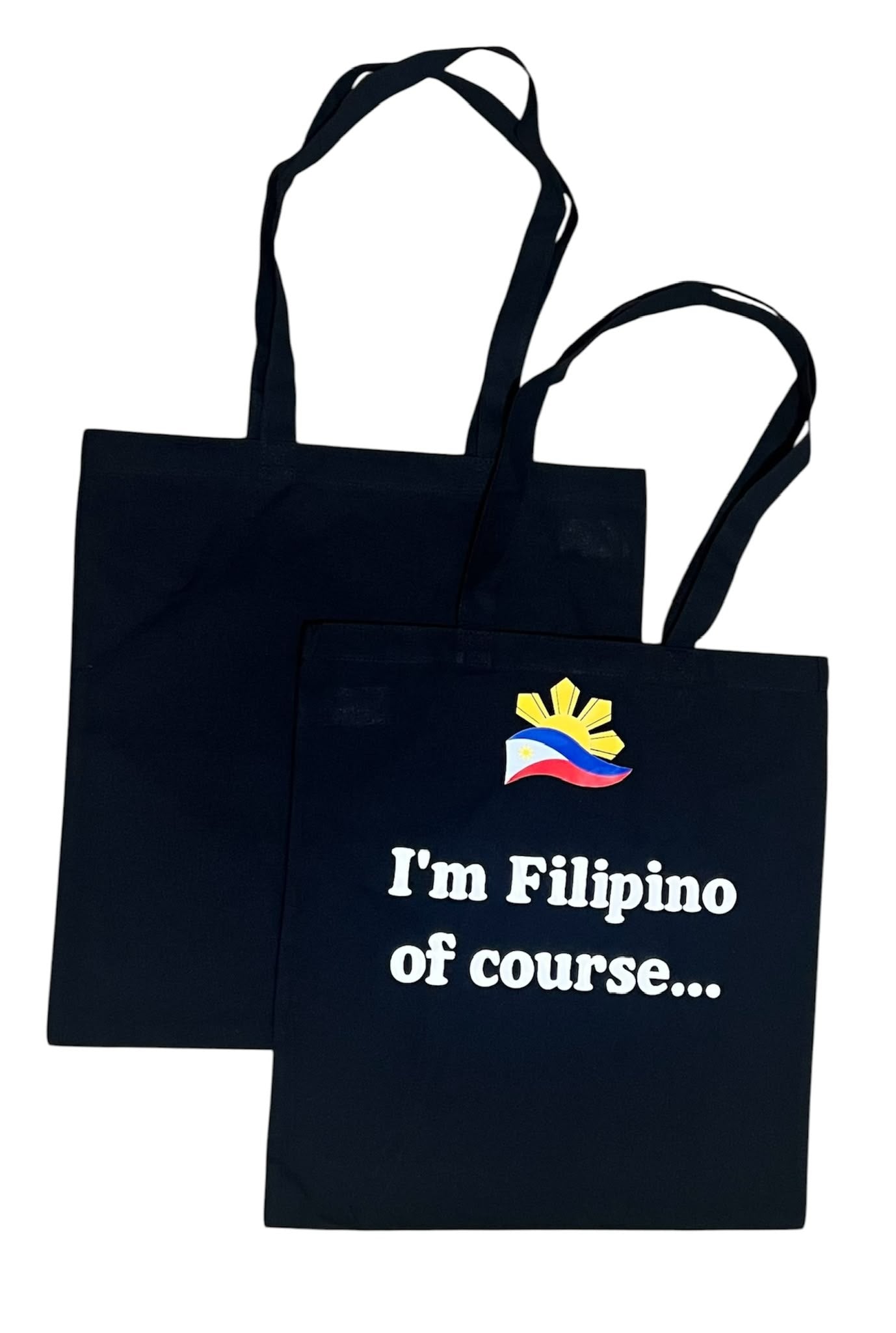 Black canvas tote bag featuring “I’m Filipino, Of Course…” design, Filipino pride reusable shopping bag for everyday use and gifts.