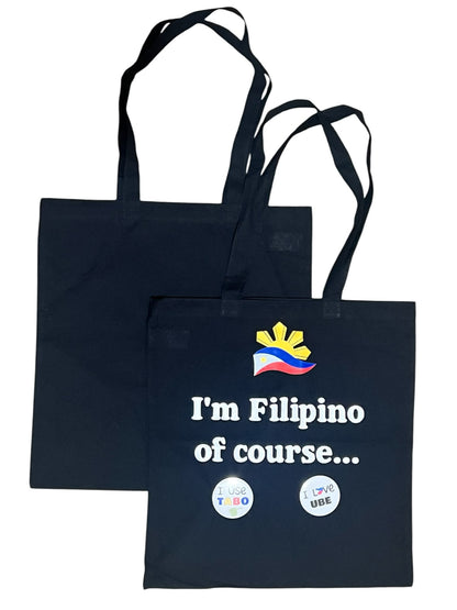 Black canvas tote bag featuring “I’m Filipino, Of Course…” design, Filipino pride reusable shopping bag for everyday use and gifts.