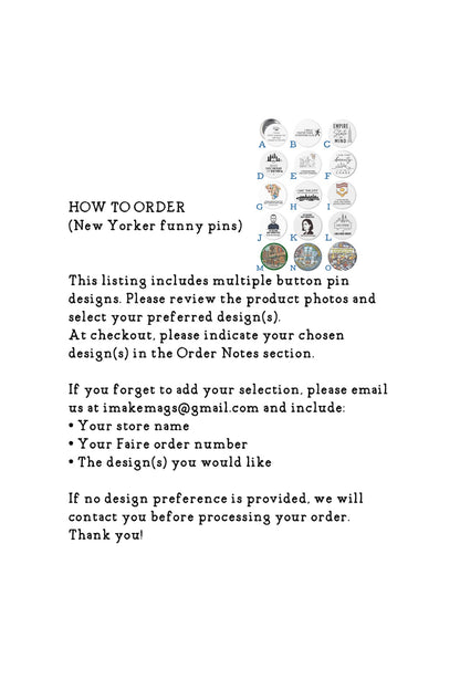 Collection of funny New Yorker statement pins featuring NYC sayings and New York themed designs for tote bags, jackets, and backpacks.