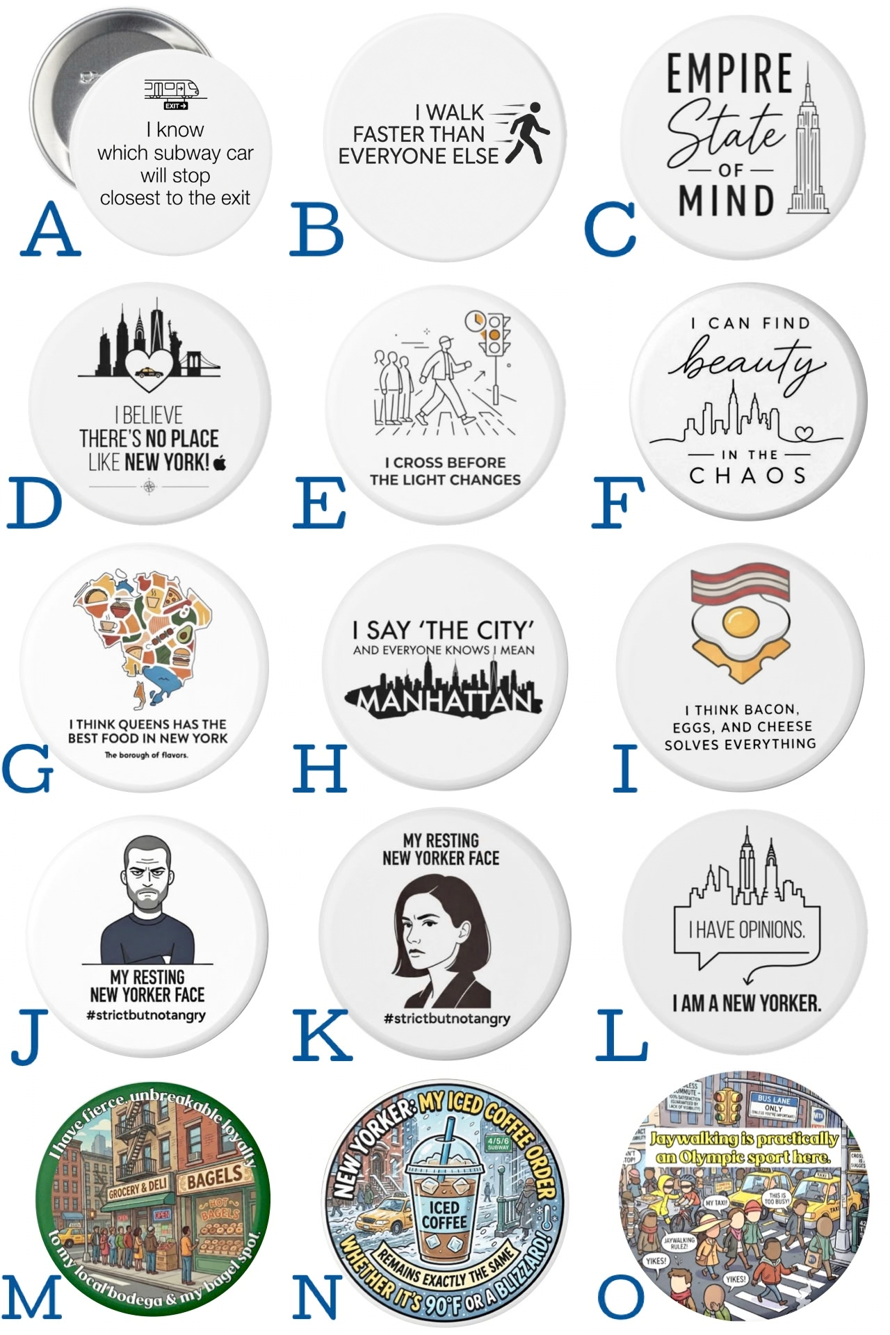 Collection of funny New Yorker statement pins featuring NYC sayings and New York themed designs for tote bags, jackets, and backpacks.