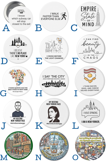 Collection of funny New Yorker statement pins featuring NYC sayings and New York themed designs for tote bags, jackets, and backpacks.