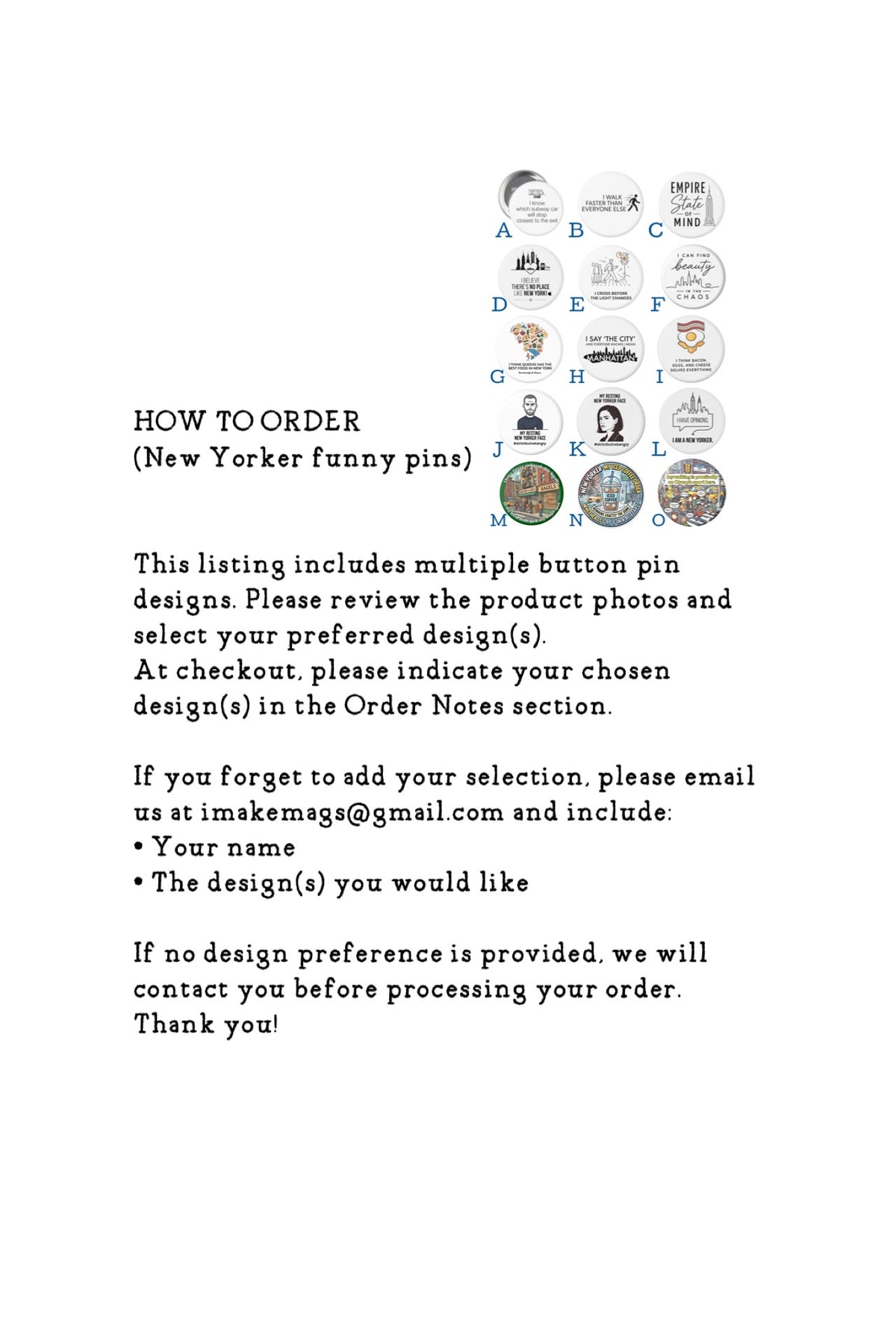 Collection of funny New Yorker statement pins featuring NYC sayings and New York themed designs for tote bags, jackets, and backpacks.