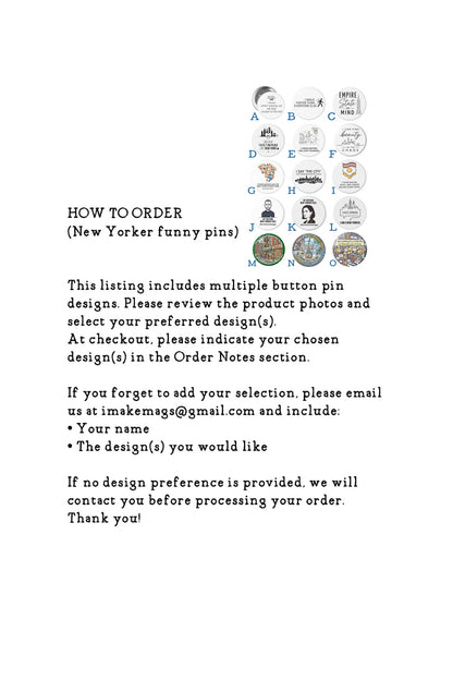 Collection of funny New Yorker statement pins featuring NYC sayings and New York themed designs for tote bags, jackets, and backpacks.