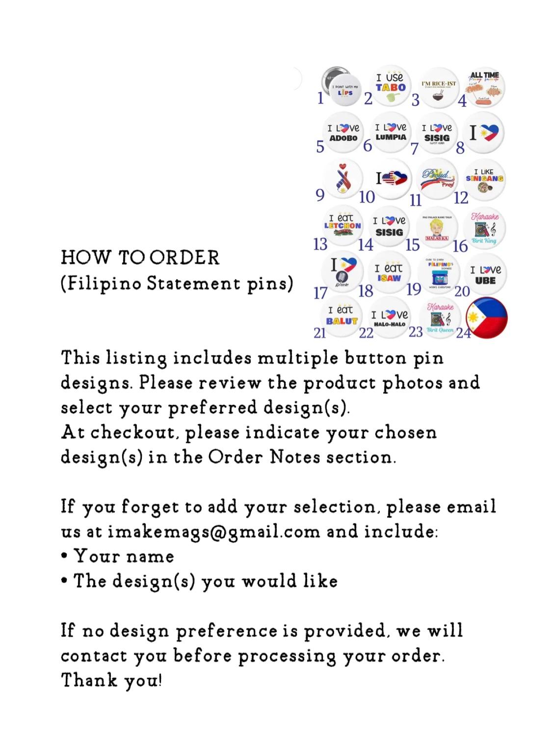 Filipino statement pins attached to tote bag and backpack, showcasing Pinoy pride designs, cultural sayings, and food inspired accessories.