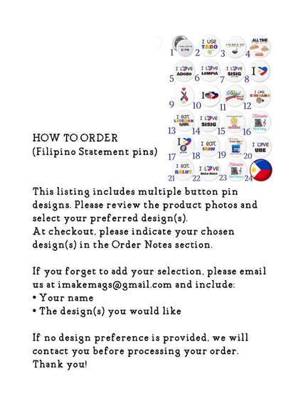Filipino statement pins attached to tote bag and backpack, showcasing Pinoy pride designs, cultural sayings, and food inspired accessories.