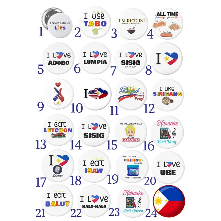 Filipino statement pins attached to tote bag and backpack, showcasing Pinoy pride designs, cultural sayings, and food inspired accessories.