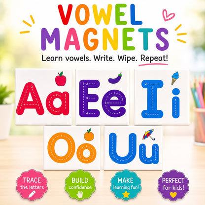 Reusable vowel tracing magnets with dry-erase markers and cotton storage pouch for preschool, kindergarten, homeschool, and early literacy learning.