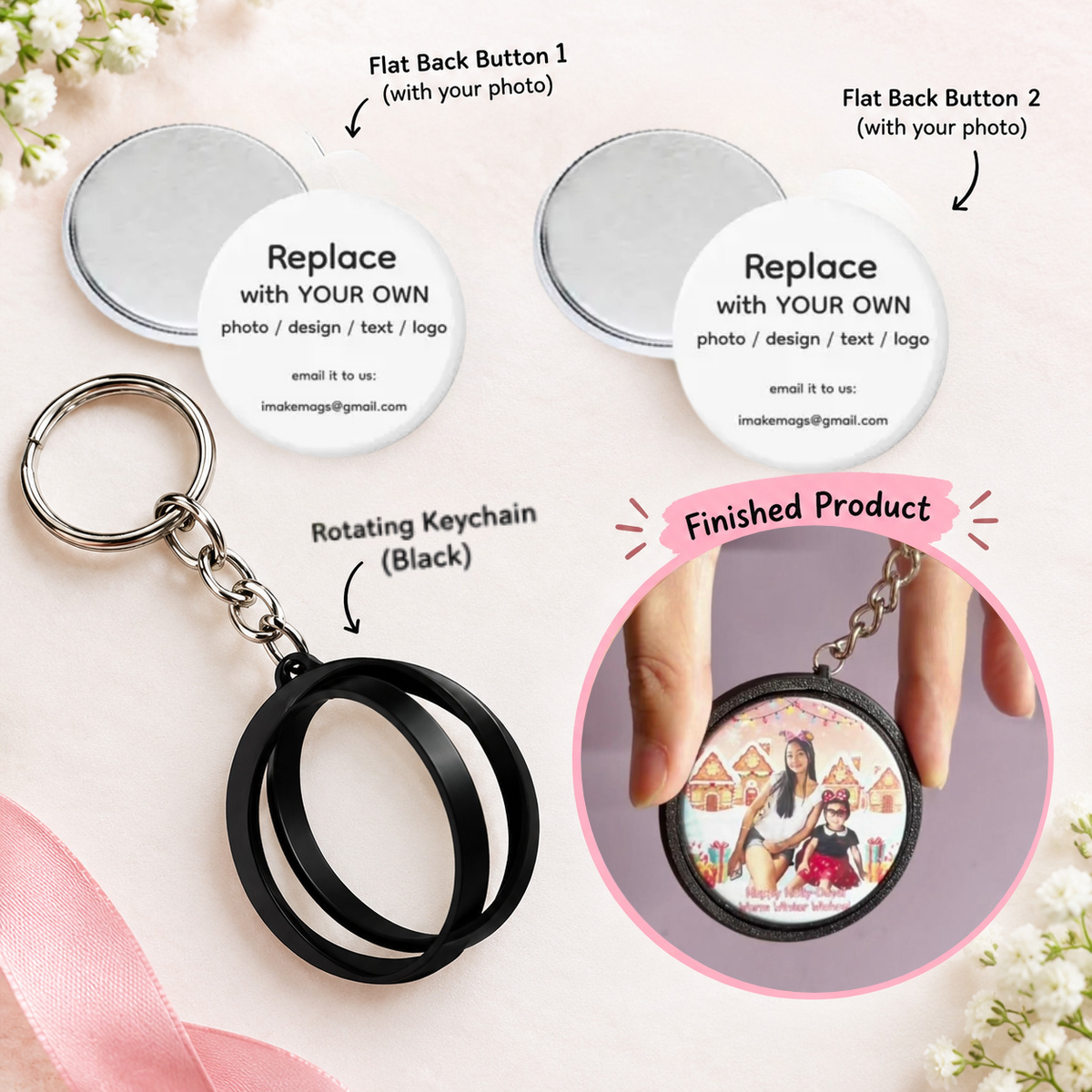 Custom Photo Rotating Keychain Combo | 2.25" Double-Sided Keychain with 2 Photo Buttons