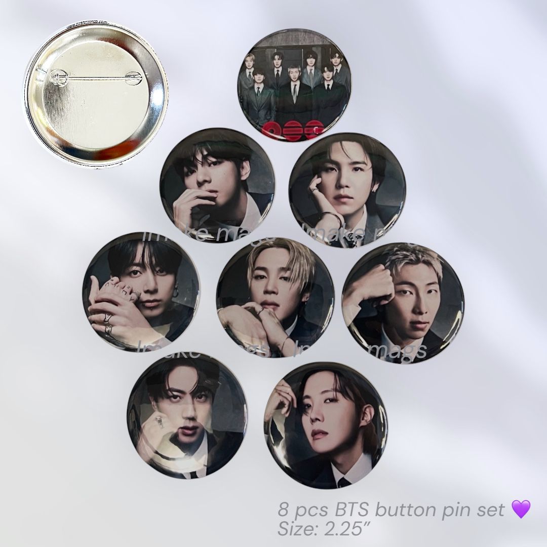 BTS button pin set 8 pieces Kpop merch featuring Bangtan Boys members collectible 2.25 inch pins glossy finish