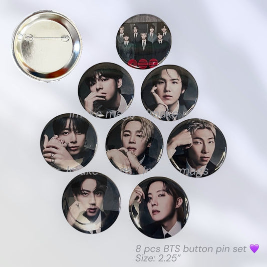 BTS button pin set 8 pieces Kpop merch featuring Bangtan Boys members collectible 2.25 inch pins glossy finish