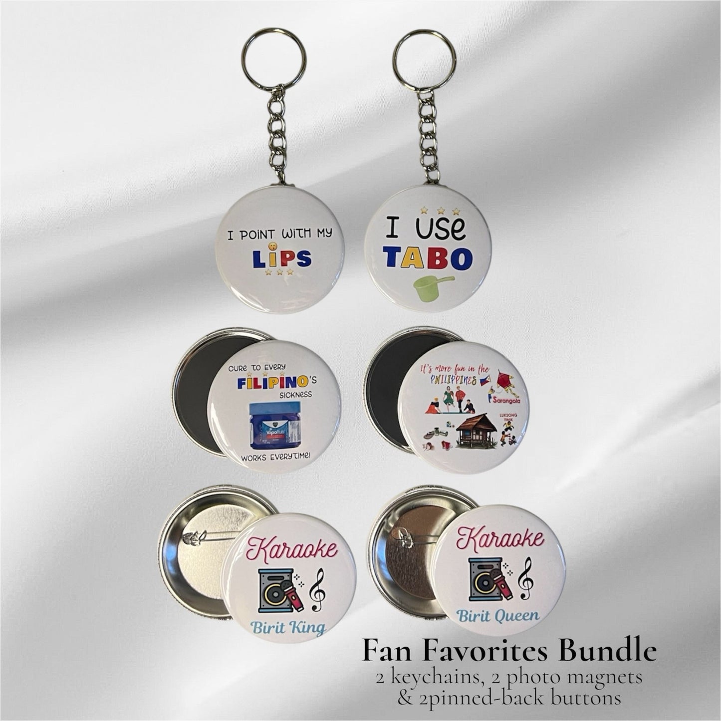 Fan favorites bundle Filipino humor keychains pins and magnets 6-piece set