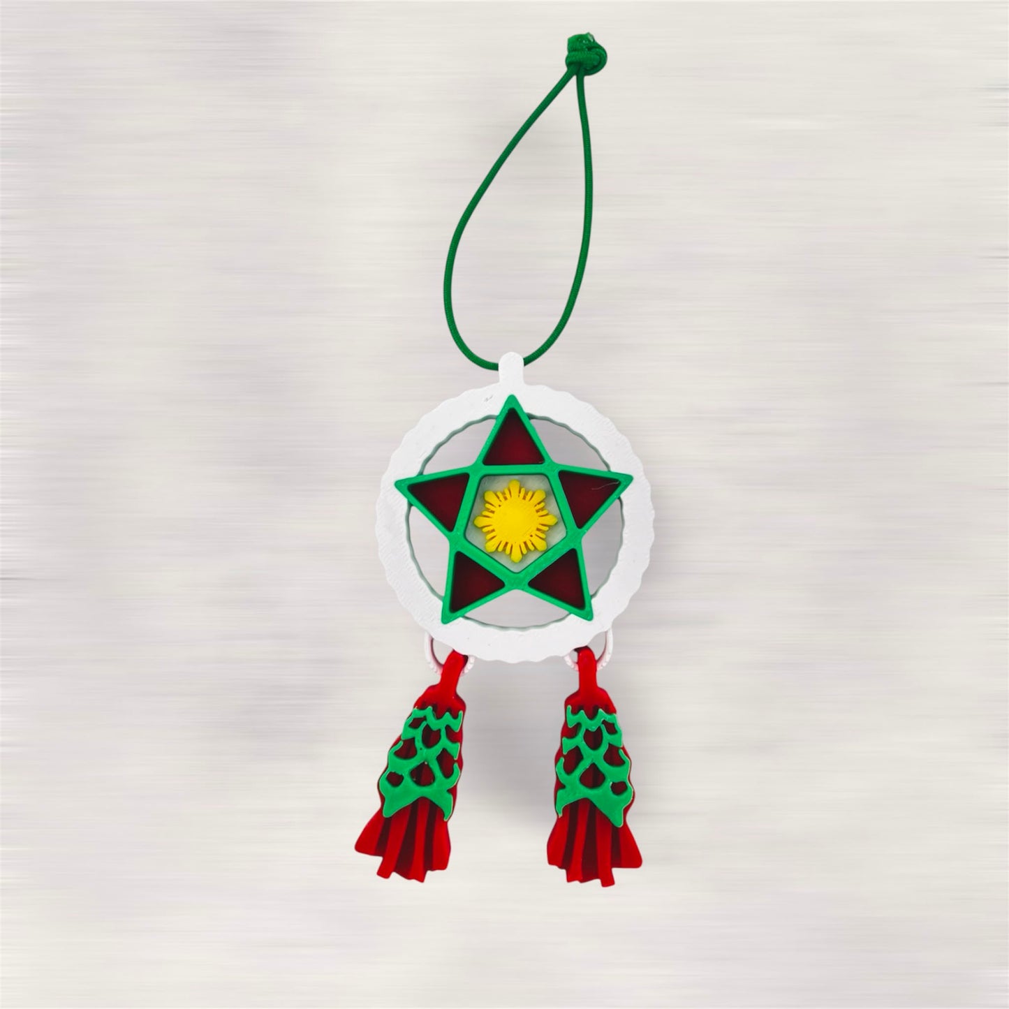 Mini Filipino Parol ornament in classic Christmas colors, 3D printed Filipino Christmas lantern decoration for Christmas trees, wreaths, holiday gifts, and festive home décor.