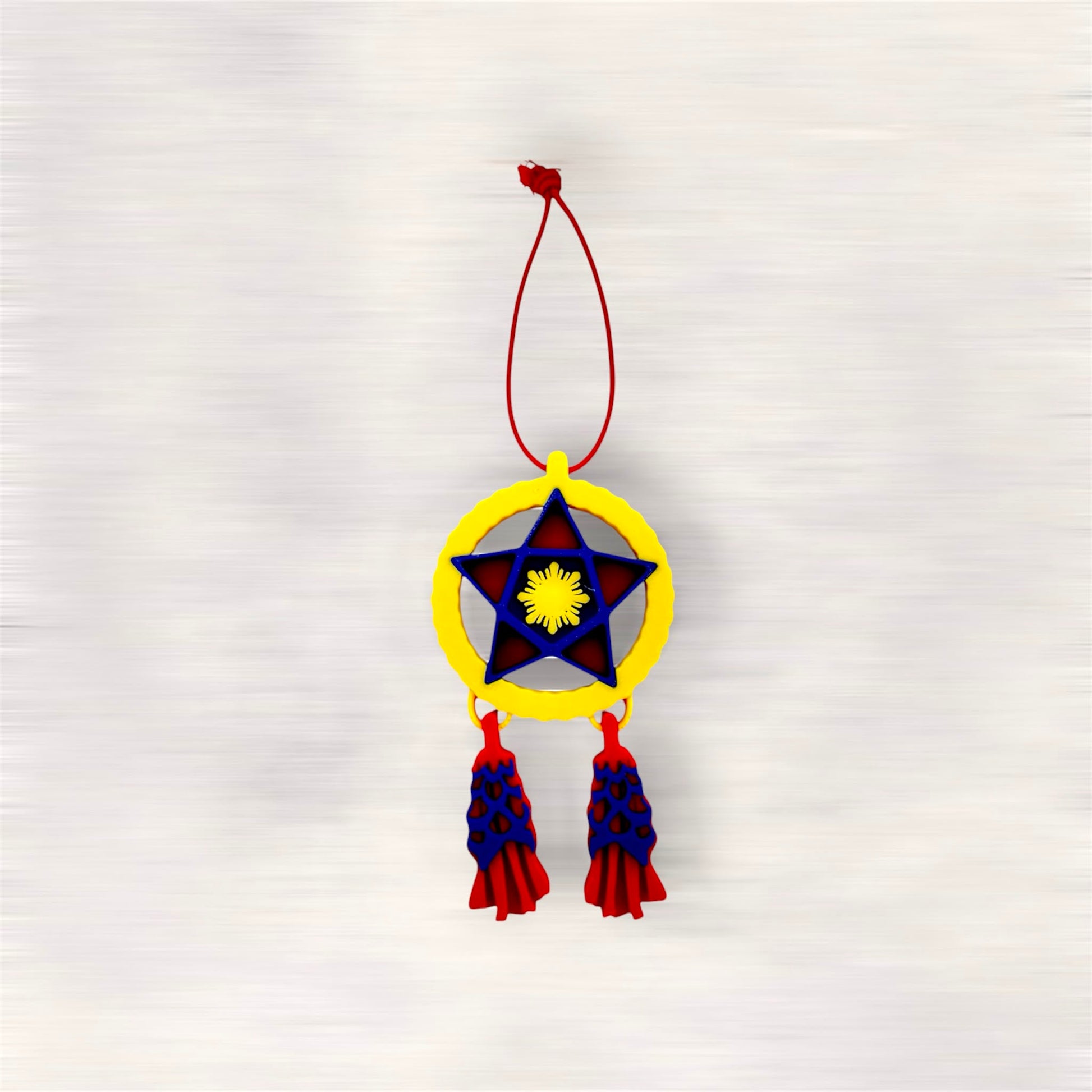 Mini Filipino Parol ornament in Sunshine Yellow featuring yellow, blue, and red colors, 3D printed Filipino Christmas tree decoration.