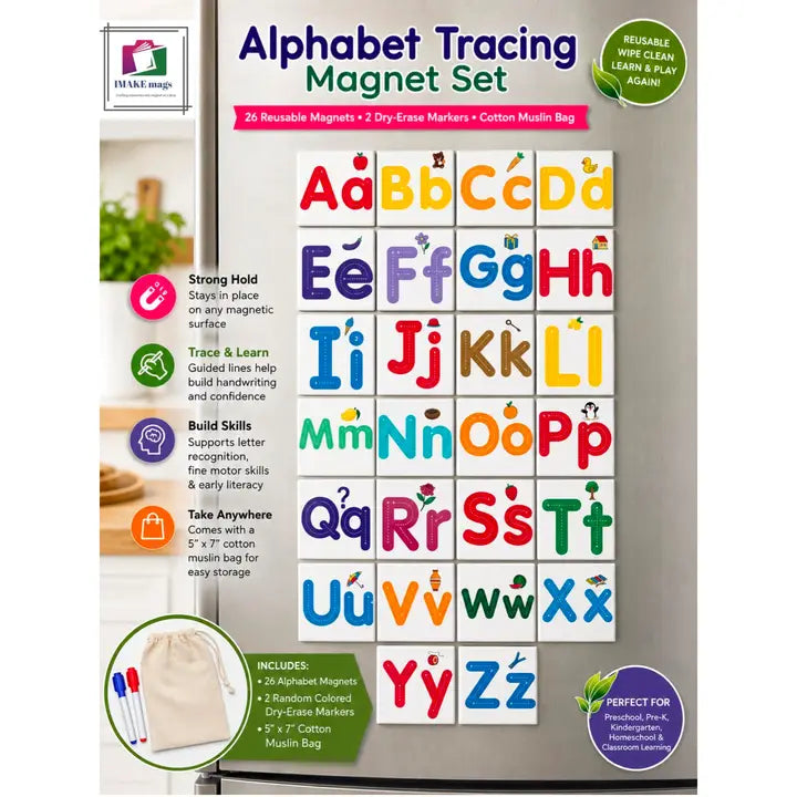 Reusable alphabet tracing magnet set with 26 dry-erase letter magnets, markers, and cotton storage bag for preschool, kindergarten, and homeschool learning.