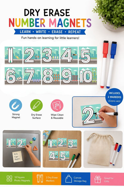 Reusable dry erase number tracing magnets 1 through 10 with two markers and a canvas storage bag for preschool, kindergarten, homeschool, and early math learning.